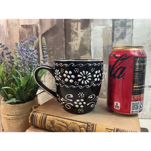 Hand Painted Black & White Dot Floral Ceramic Mug Made in Mexico - Picture 4 of 6